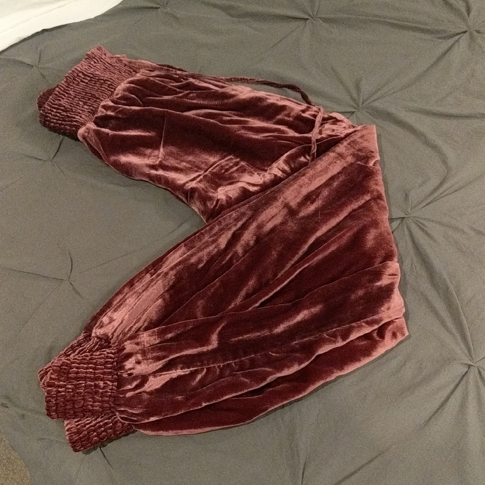 Anthropologie Velvet Track Pants in Burgundy